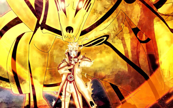 Naruto Uzumaki channeling Nine-Tailed Fox chakra in a dynamic action pose